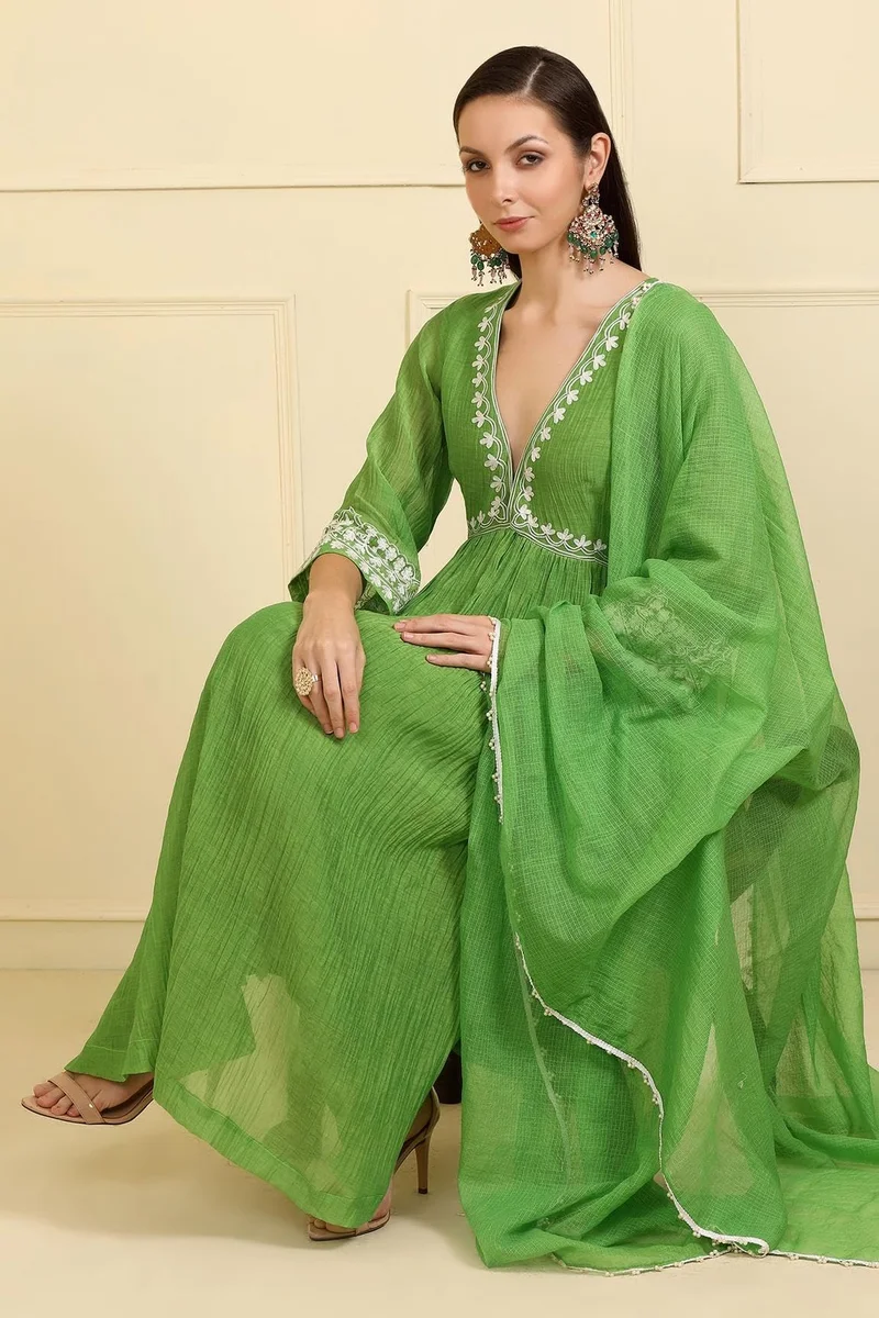 GoSriKi  GoSriKi Women's Rayon Blend Anarkali Embroidered Kurta with Pant & Dupatta (Niket Green-VKS01-GS_XXL_Green_XX-Large) for Women | Best Price UAE
